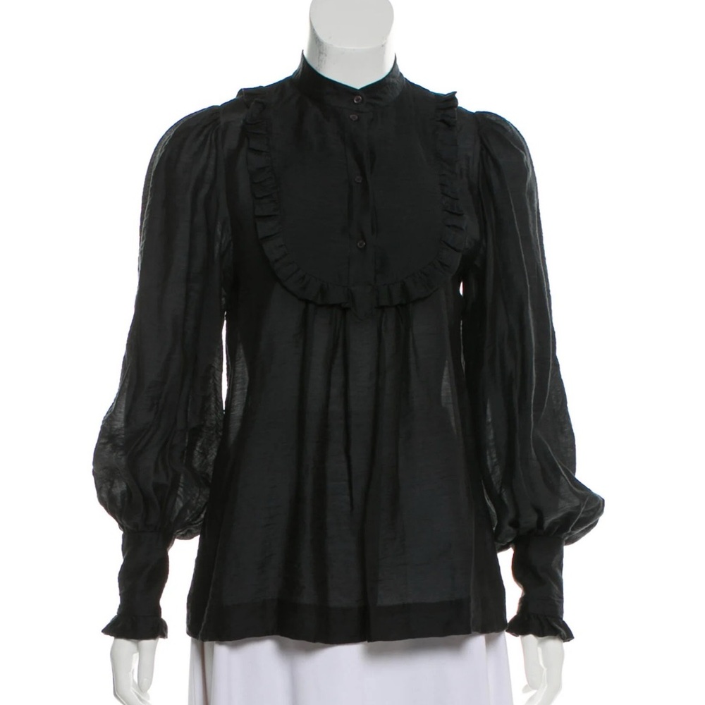 By Malene Birger Black Blouse with Ruffles and Balloon Sleeves - Size 34 (XS)